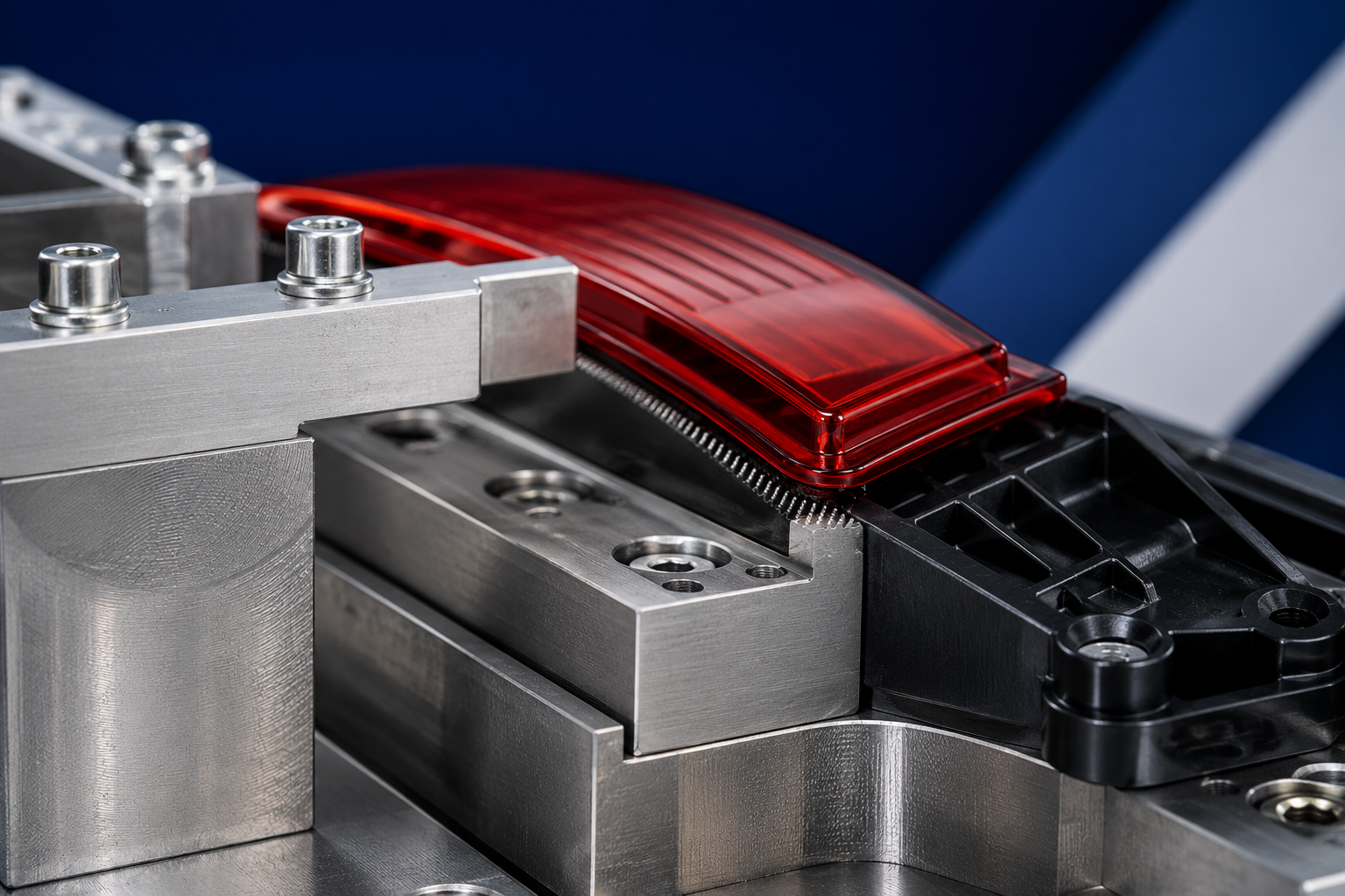 Linear vibration welding machine joining plastic automotive components with precision tooling.