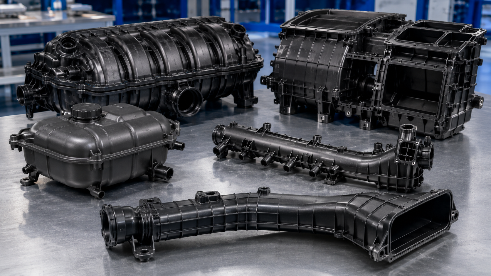 Large automotive plastic assemblies manufactured using vibration welding for high-strength, leak-proof component joining.